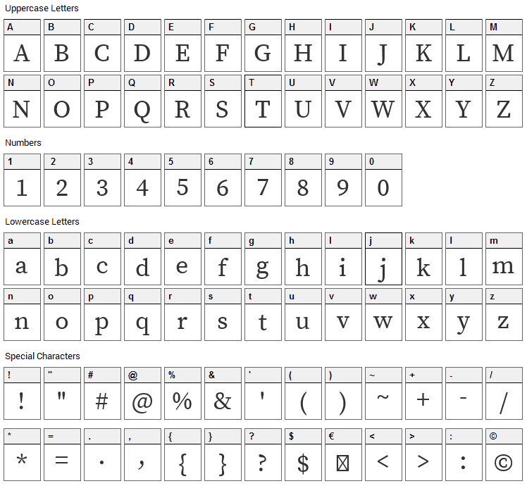 Source Serif Pro Font Character Map