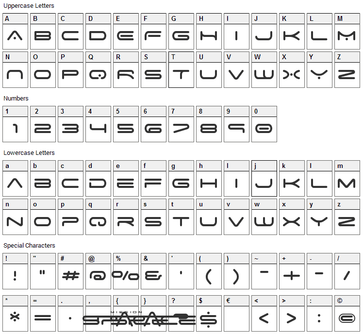 Space Age Font Character Map
