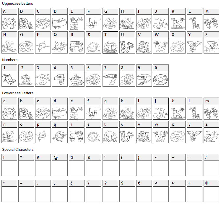 Space Attack Font Character Map