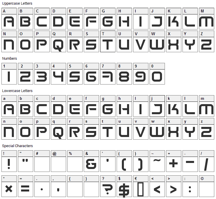 Space Frigate Font Character Map