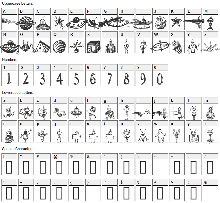 Space Woozies Extras Font Character Map