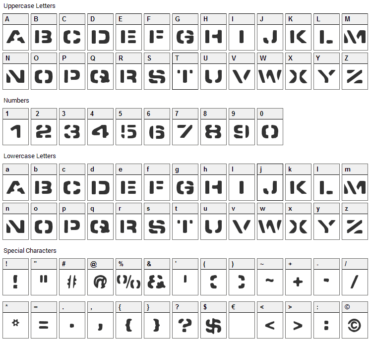 Spacedock Stencil Font Character Map