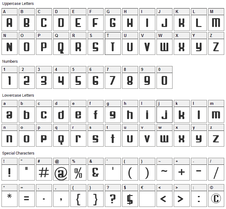 Spaceship Bullet Font Character Map