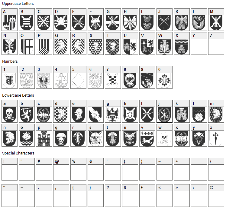 Spanish Army Shields Font Character Map