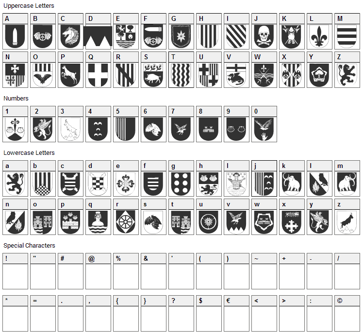 Spanish Army Shields Two Font Character Map