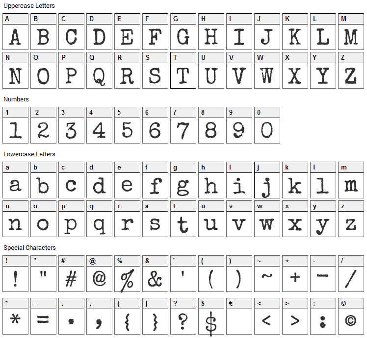 Special Elite Font Character Map