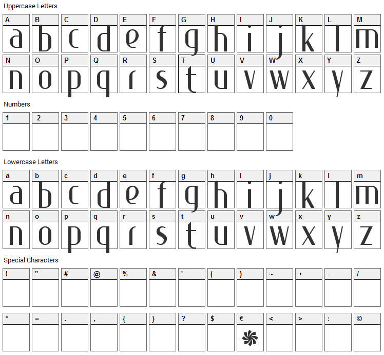 Special K Font Character Map