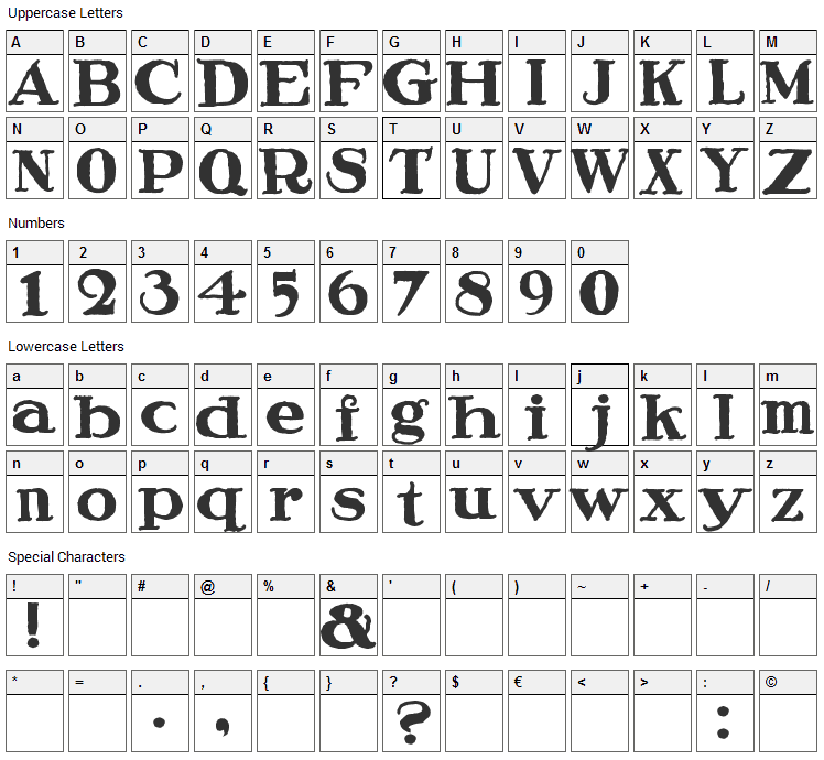 Speedball Ragged Font Character Map