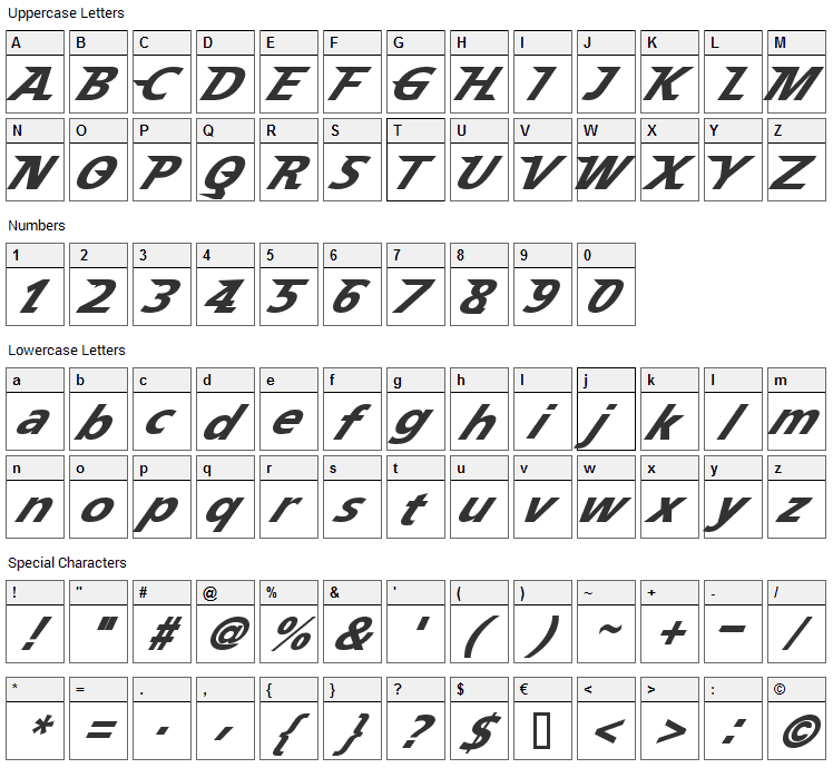 Speedy 12 Font Character Map