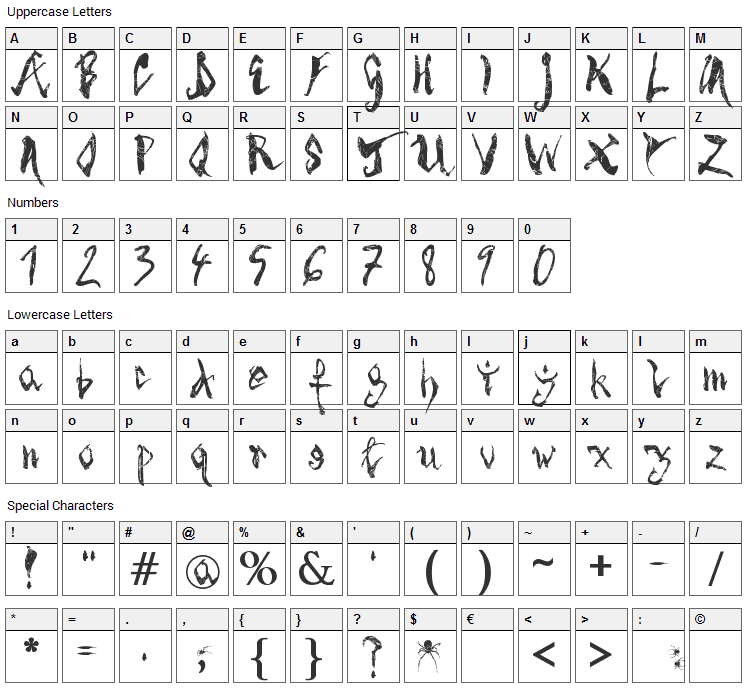 Spider Bite Font Character Map