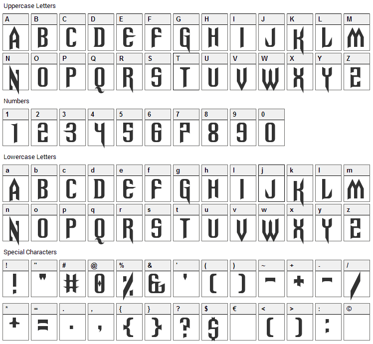 Spinebiting Font Character Map