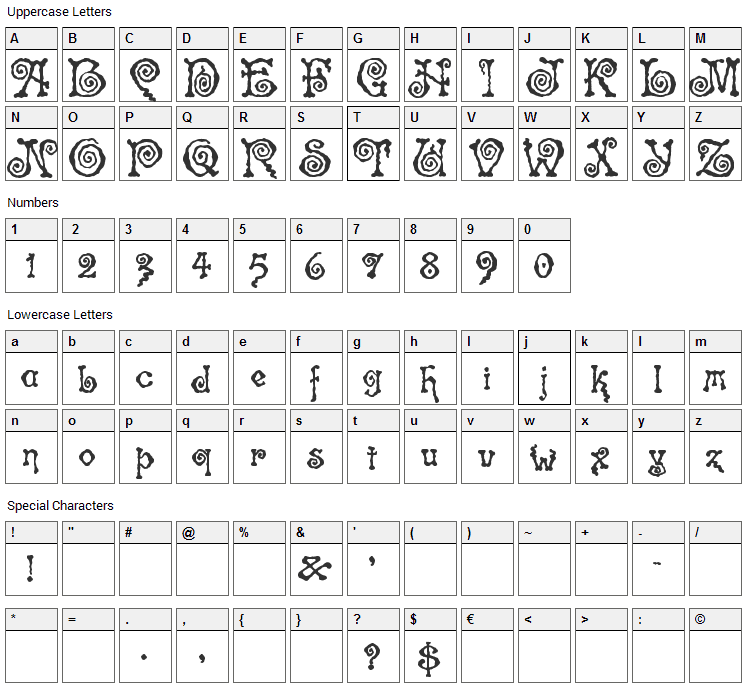 Spinstee Font Character Map