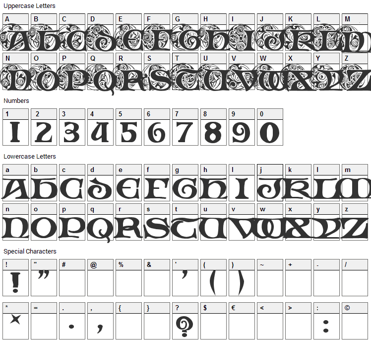 Spiral Initials Font Character Map