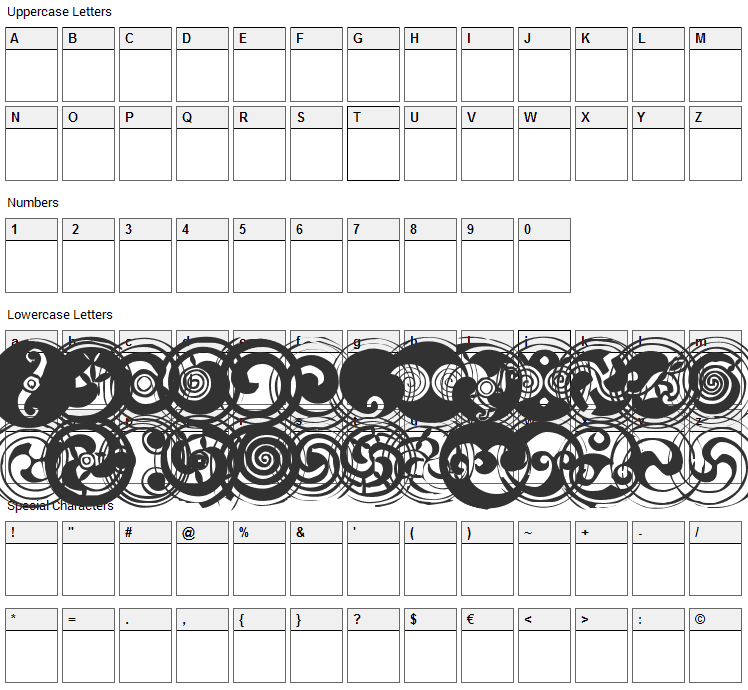 Spirals Font Character Map