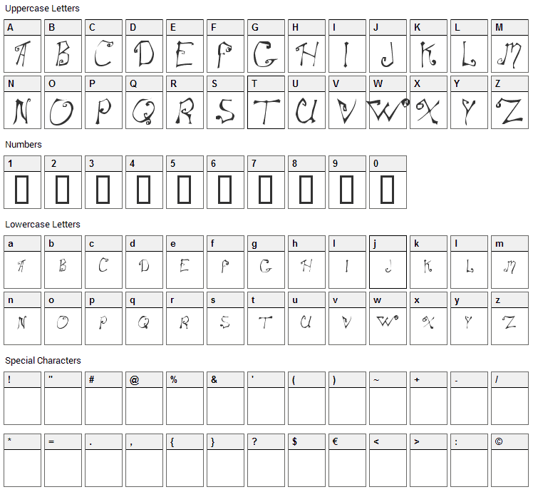 Spit Curl Font Character Map