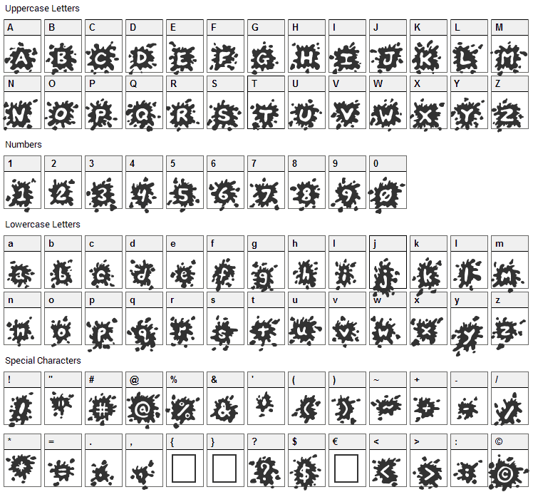 Splats Font Character Map