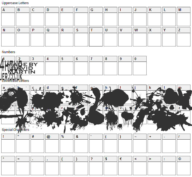 Split Splat Splodge Font Character Map