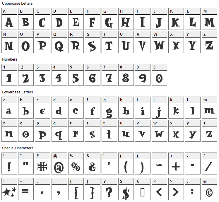 Spooky Magic Font Character Map