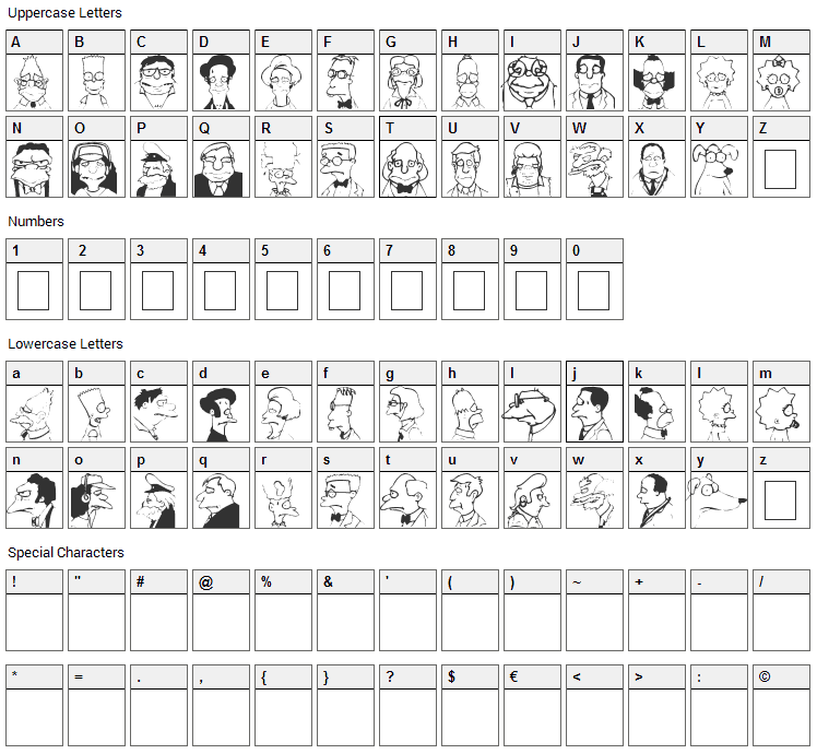 Springfield Mugshots Font Character Map