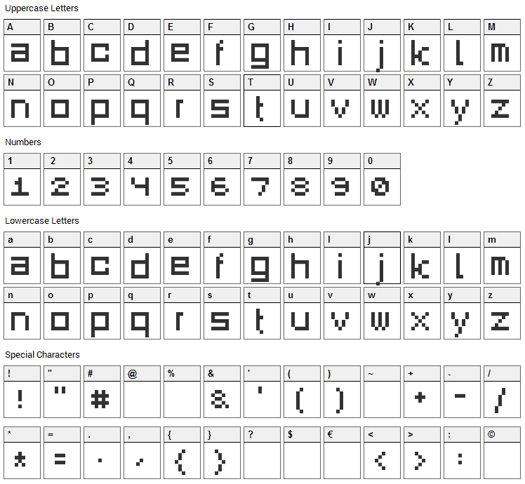 Square Dance Font Character Map