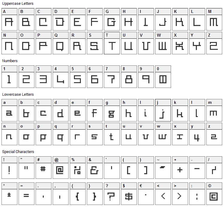 Square-Millimeter Font Character Map