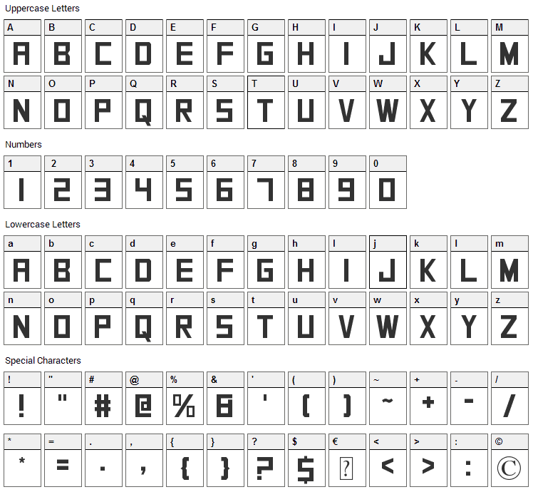 SquareFont Font Character Map