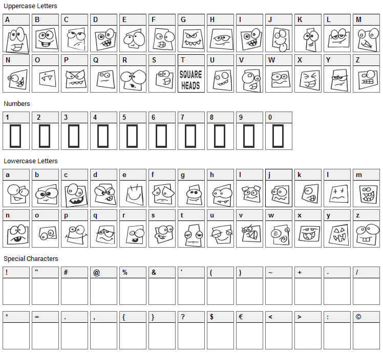 Squareheads Font Character Map
