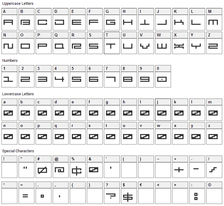 Squarepusher Font Character Map