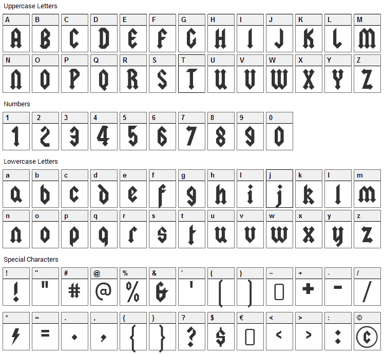 Squealer Font Character Map