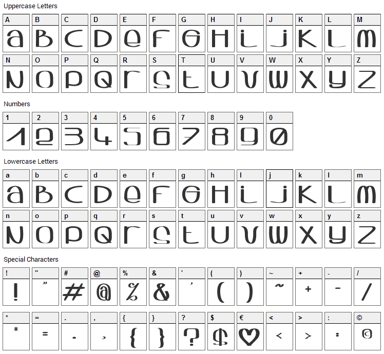 Sqwash Font Character Map