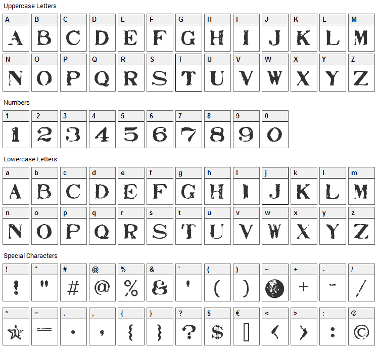 Stamp Act Font Character Map