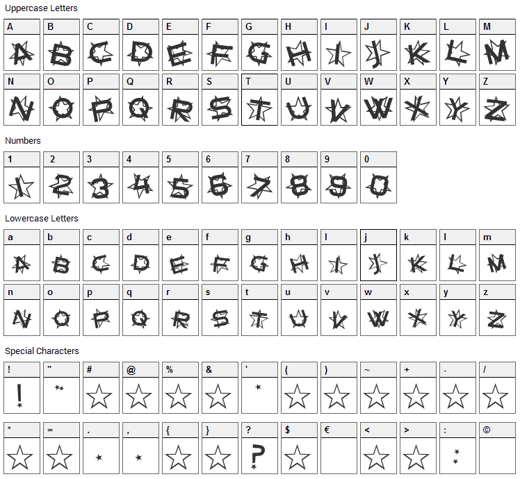 Star Dust Font Character Map