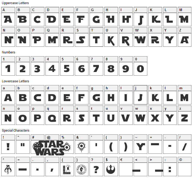 Star Jedi Font Character Map