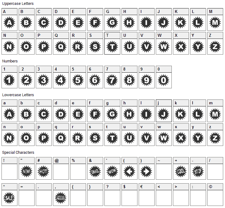 Starbats Font Character Map