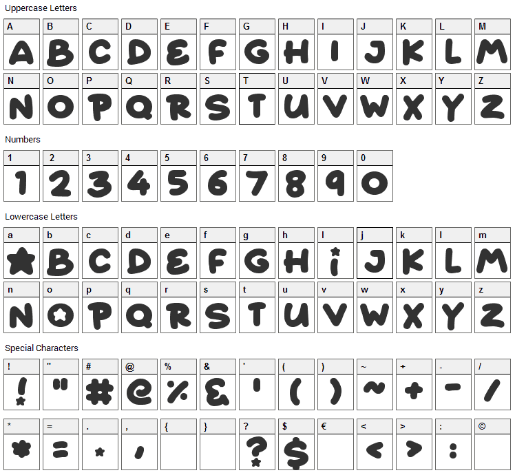Starborn Font Character Map