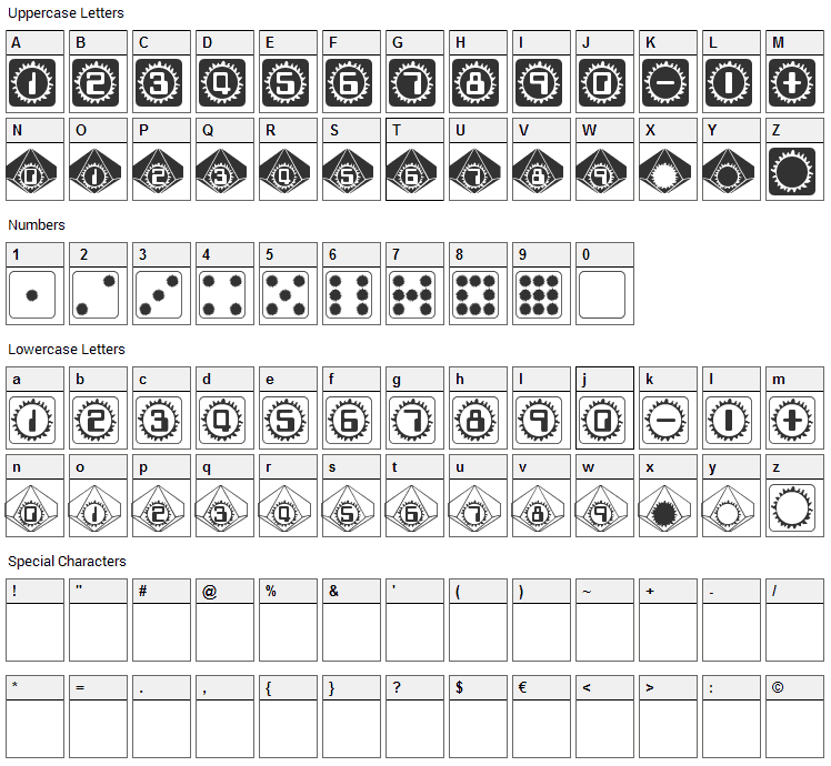 Starburst Pips Font Character Map