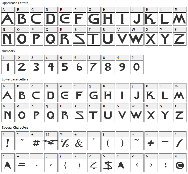 Starcine Font Character Map