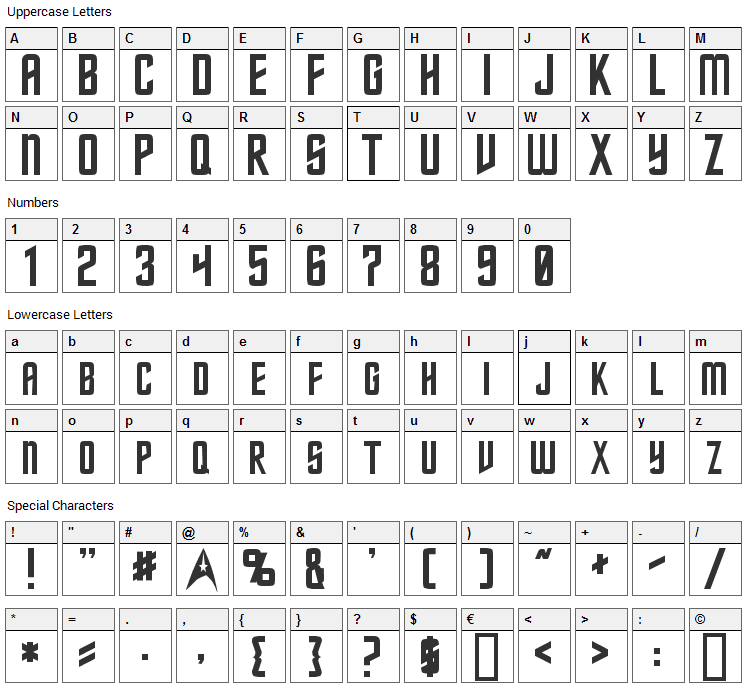 Starfleet Font Character Map