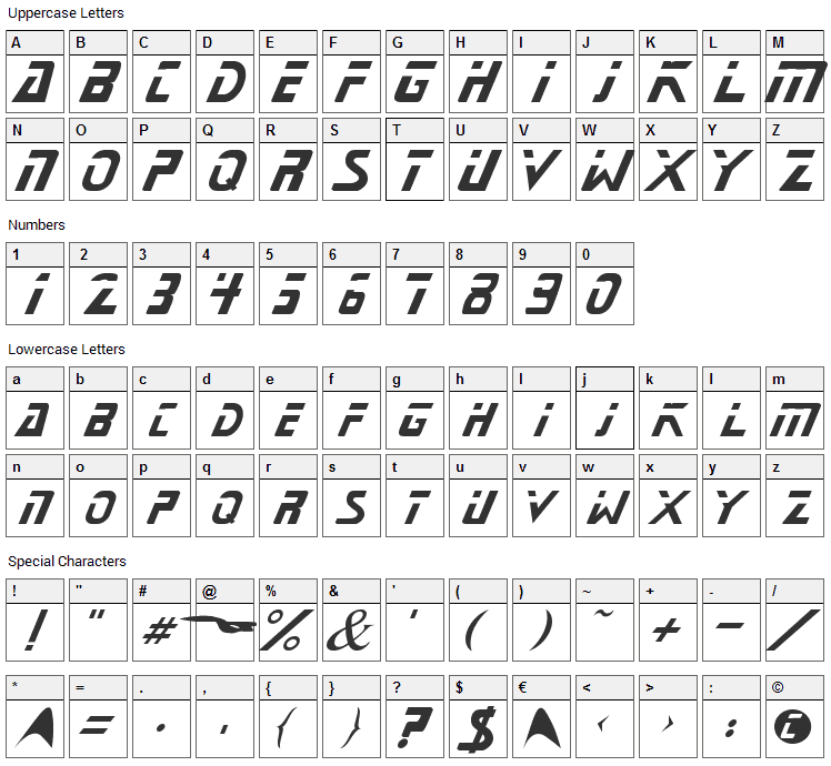 Starnext Font Character Map