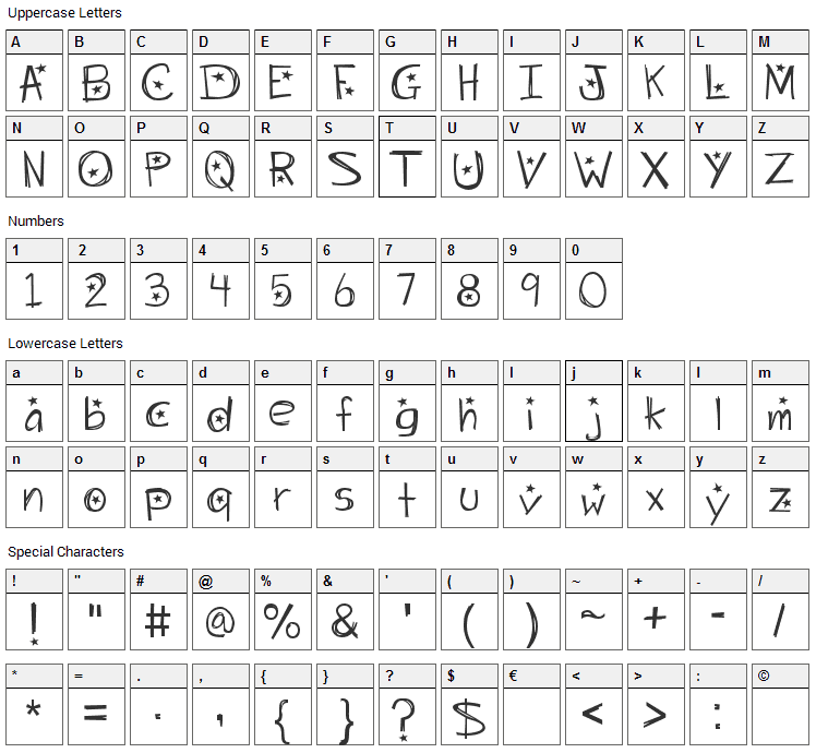 Starry Night Font Character Map