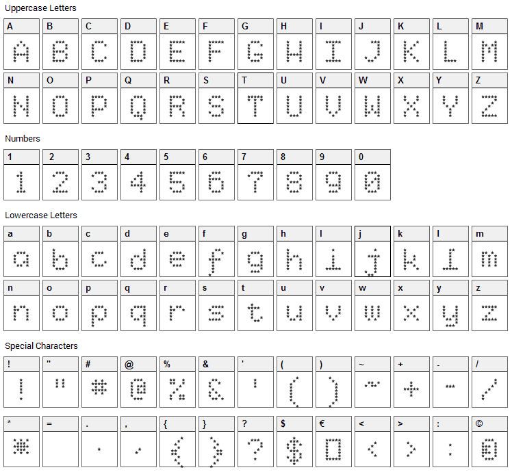 Starry Type Font Character Map