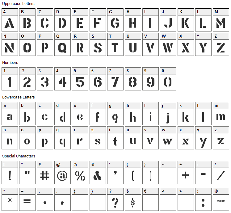 Stencil Gothic BE Font Character Map
