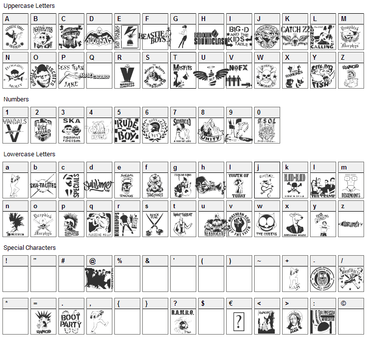 Stencil Punks Band Logos Font Character Map