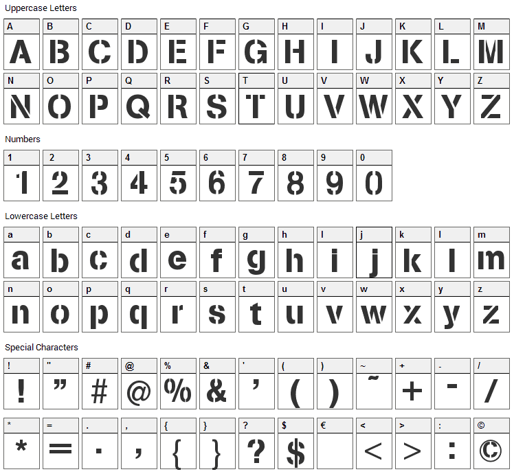 Stencilia Font Character Map