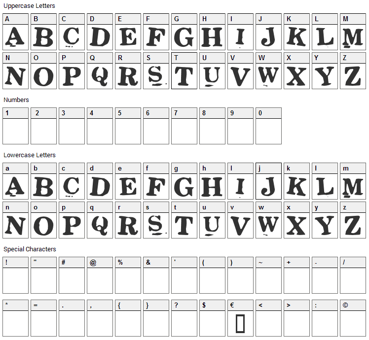 Stickons Font Character Map