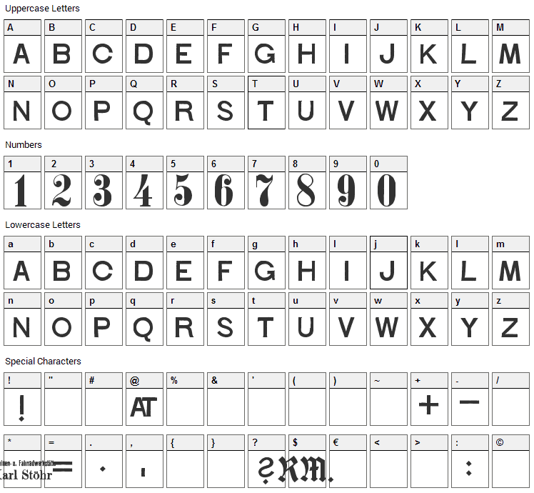 Stohr Numbers Font Character Map