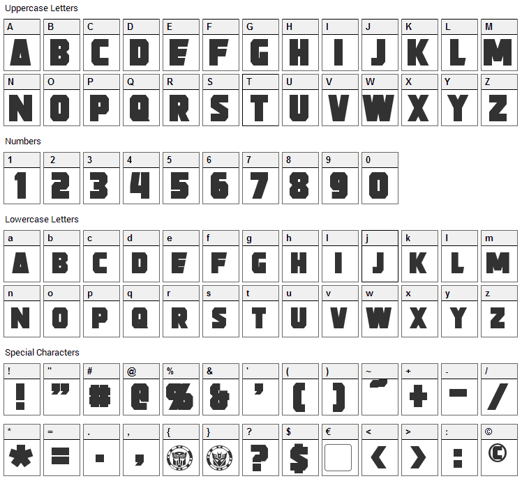 Strongarm Font Character Map