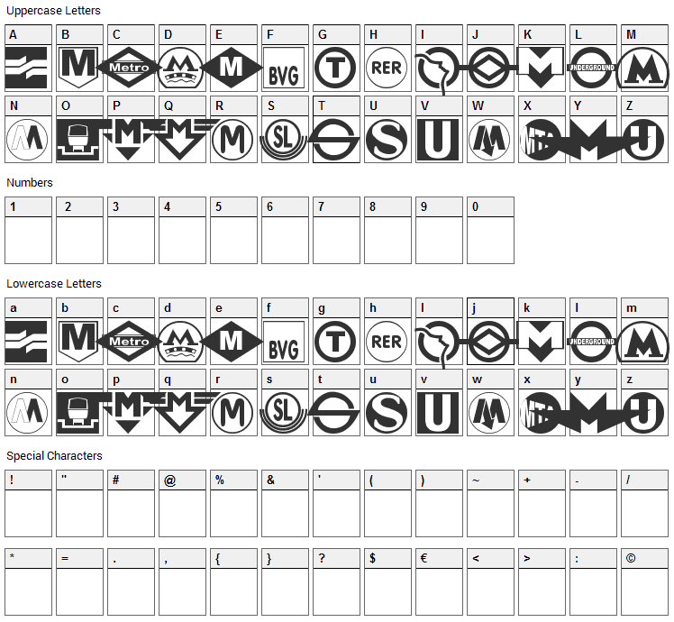 Subway Sign Font Character Map