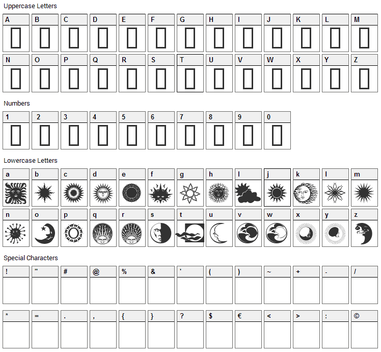 Sun N Moon Font Character Map