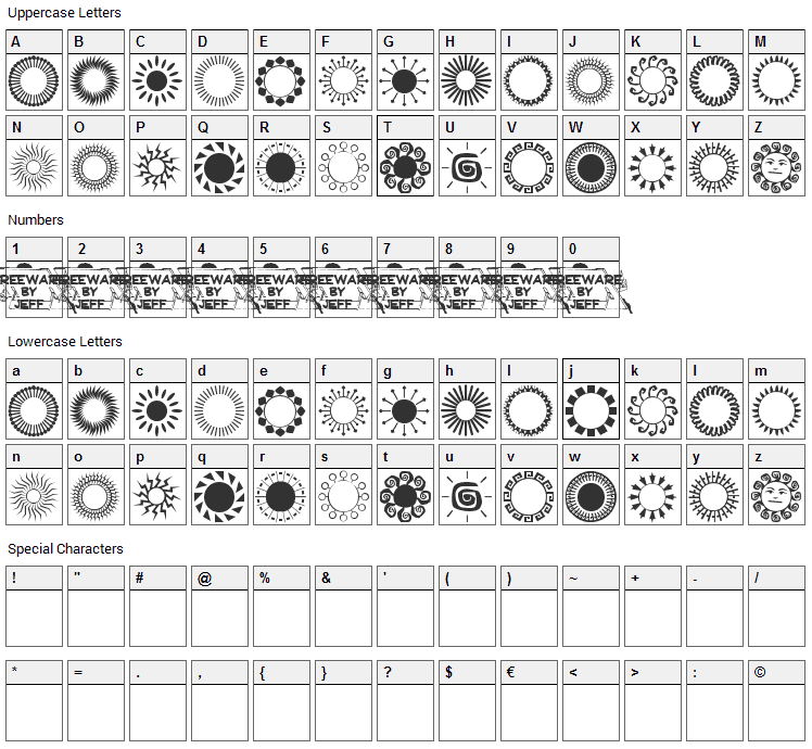 Sundings JL Font Character Map